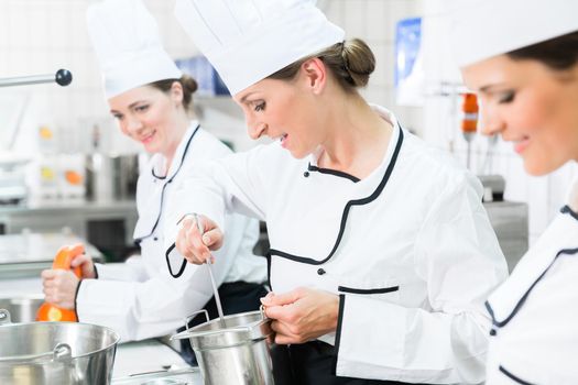 Team of chefs in production process of system catering