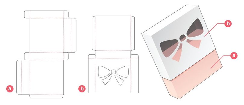 Packaging box with cover which has bow shaped  window die cut template