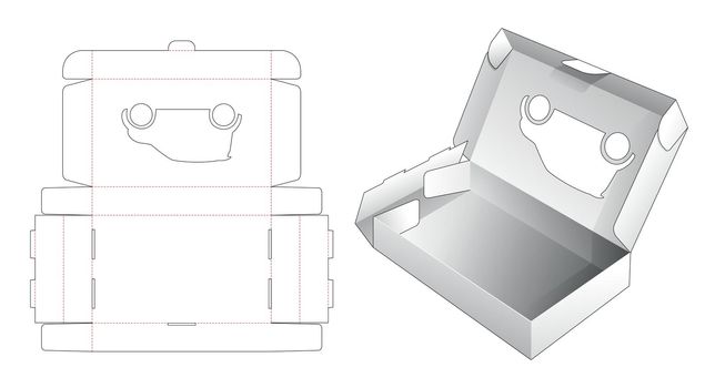 Folding flip packaging box with car shaped window die cut template