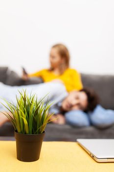boy naps on girlfriend's lap while she looks at smart phone. focus on flower and laptop