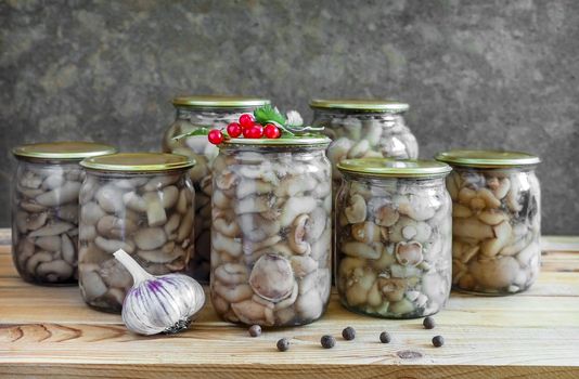 Home canning: pickled mushrooms in glass jars.