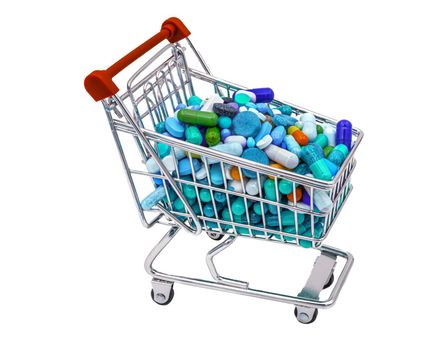 shopping cart full with blue pills and capsules