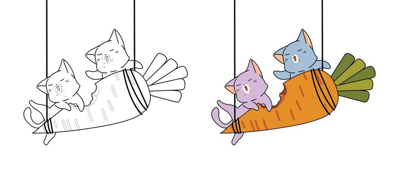 Kawaii cats on sofa cartoon coloring page for kids