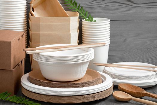 Various Eco friendly tableware made from natural, recyclable materials. Environmental protection and waste reduction concept