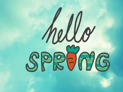 Hello spring handwriting illustration and blue sky