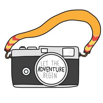 Let the adventure begin word and camera vector illustration doodle style