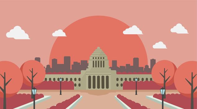 Japanese parliament building vector banner illustration / sunset, sunrise