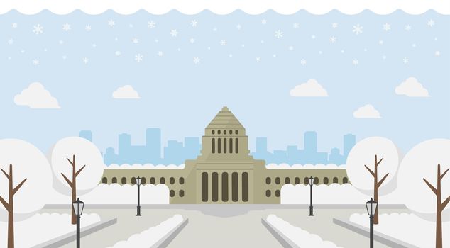 Japanese parliament building vector banner illustration / winter