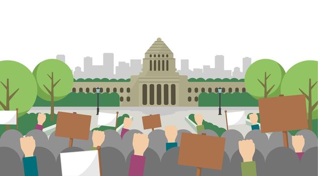 Japanese parliament building and people demonstrating vector banner illustration (no text)
