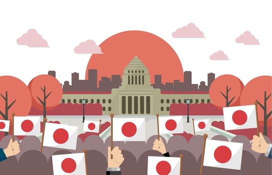 Japanese parliament building and national flags vector banner illustration
