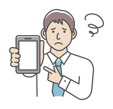 Young businessman showing smartphone display vector illustration ( trouble, worried )