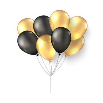 Gold black balloons. 3d realistic happy holidays flying air helium ballon mock up.