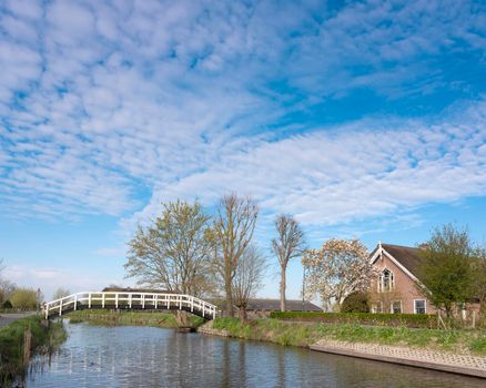 footbridge and old farm near river Lange Linschoten in holland under blue sky in spring