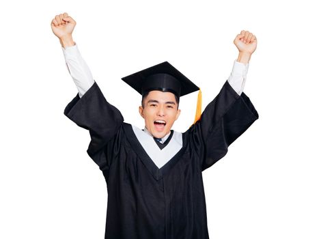 Excited college graduate throwing his hands in the air