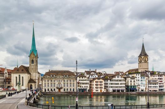 View of Fraumunster and st. Peter church, Zurich, Switzerland