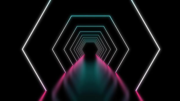 Hexagonal neon background in purple blue colors. Tech background futuristic space tunnel light. Future,black neon cyber abstract art 3d render.
