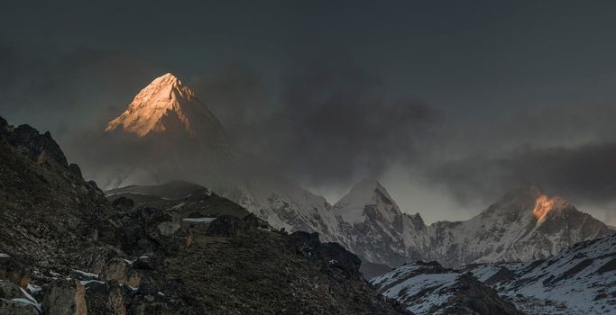 Pumori summit or peak at sunset or sunrise