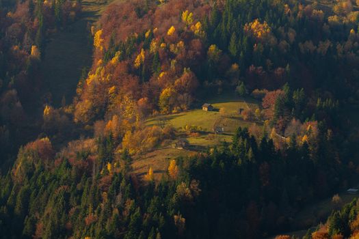 Village Houses and autumn foliage trees in the mountains