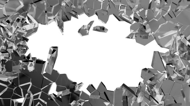 Shattered or smashed glass: sharp Pieces on white