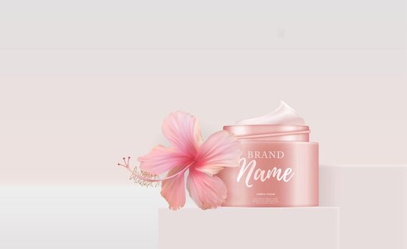 3D Realistic Natural beauty cosmetic product for face or body care on glossy bokeh background. Design Template of Fashion Cosmetics Product for Ads, flyer or Magazine Background. Vector Illustration