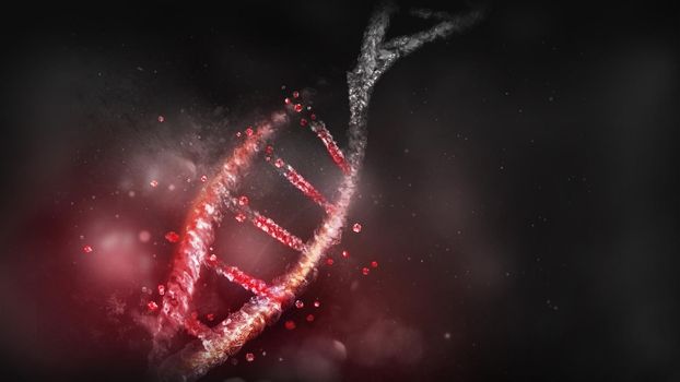 Destruction of the DNA model on a dark background, 3D render.
