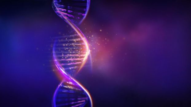 Glowing DNA strands in violet blue colors, 3D render.