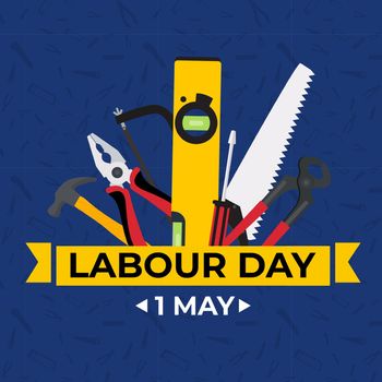 1 May Happy labour day background with working tools. Vector illustration