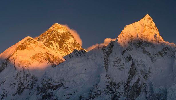 Everest and Nuptse summits at sunset or sunrise