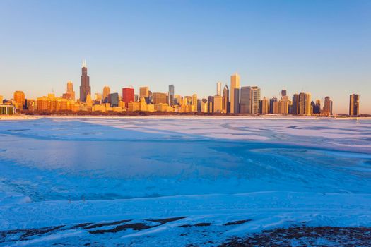 Winter in Chicago - skyline at sunrise