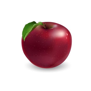 Red apple with a leaf on white background.