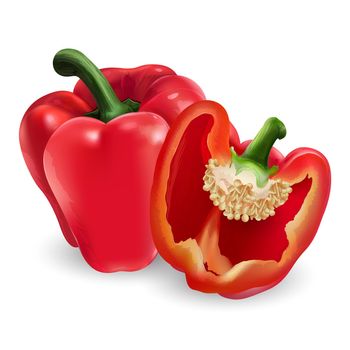 Whole and half red bell pepper on a white background.