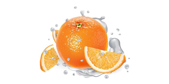 Orange with slices in splashes of yogurt.