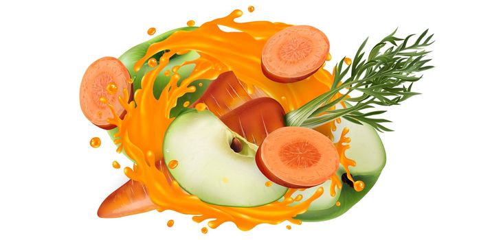 Carrots and green apples in a vegetable juice splash.