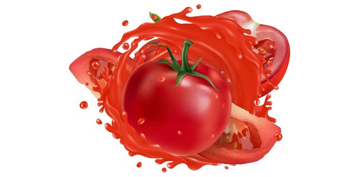 Whole and sliced tomatoes in a vegetable juice splash.
