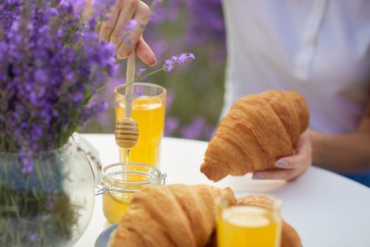 Female hands putting honey on croissants in lavender field.