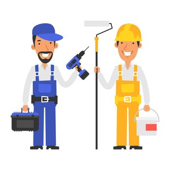 Repairman holds suitcase with tools and screwdriver. Builder holds bucket paint and holds roller. Vector characters