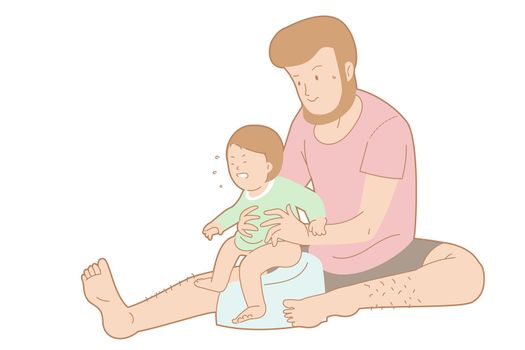 Father and his child in activity, sense of tenderness of children development, father try to teach his child how to use potty