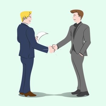 Businessmans handshake together, business dealt, co-partnership simply flat vector illustration on mint background for clean contents and articles.