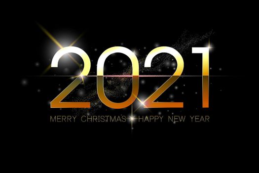 Happy new year 2021,Typographic golden number design with stardust and lighting glow effect on black space, for flyer banner print ads, calendar.