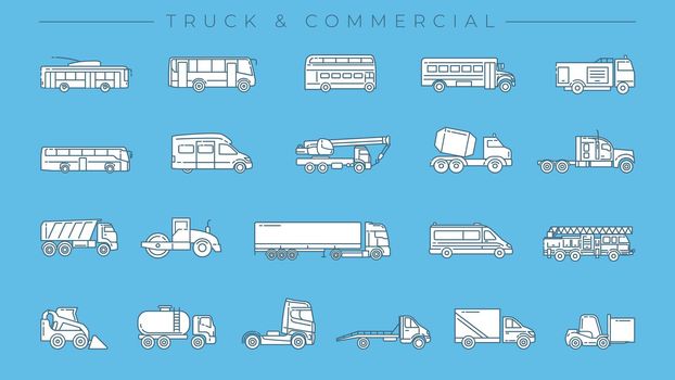 Truck and Commercial concept line style vector icons set.