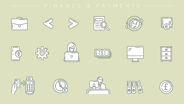 Finance and Payments concept line style vector icons set.