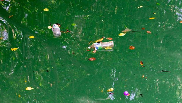 Bottled waters while floating on a river polluting the waters