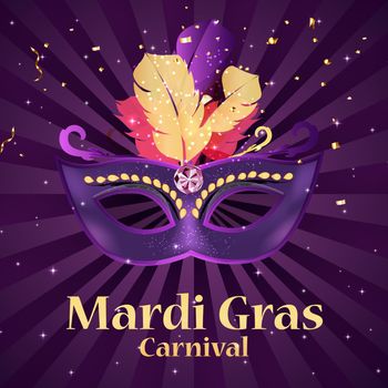 Mardi Gras carnaval Background.Traditional mask with feathers and confetti for fesival, masquerade, parade.Template for design invitation,flyer, poste, banners. Vector Illustration EPS10