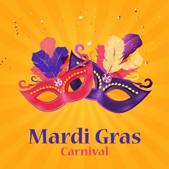 Mardi Gras carnaval Background.Traditional mask with feathers and confetti for fesival, masquerade, parade.Template for design invitation,flyer, poste, banners. Vector Illustration EPS10