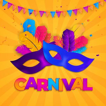 Carnaval Background.Traditional mask with feathers and confetti for fesival, masquerade, parade.Template for design invitation,flyer, poste, banners. Vector Illustration EPS10