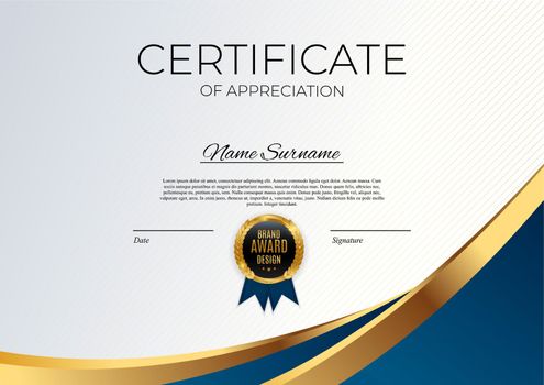 Blue and gold Certificate of achievement template Background with gold badge and border. Award diploma design blank. Vector Illustration EPS10