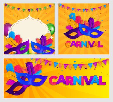 Carnaval Background set.Traditional mask with feathers and confetti for fesival, masquerade, parade.Template for design invitation,flyer, poster, banners. Vector Illustration EPS10