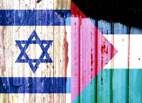 Palestine confrontation with Israel. Concept of flags. War and military. Grunge vintage cracks retro style