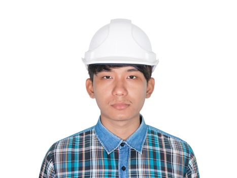 Engineer construction and wear white safety helmet plastic on white background