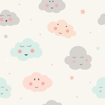 Seamless Pattern Background with Cute Little Child Cloud. Vector Illustration